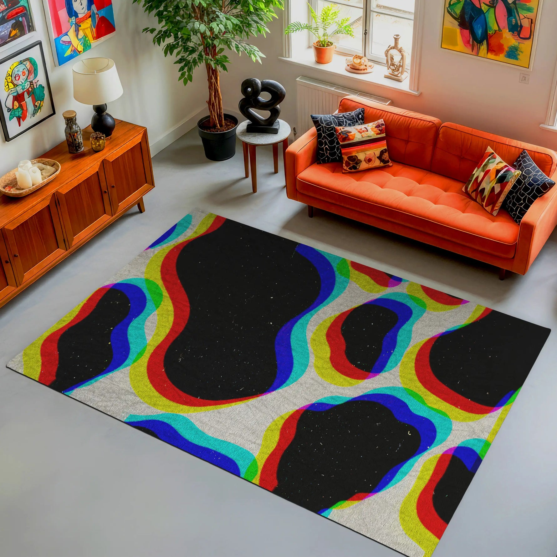 Living room with a colorful abstract rug, orange sofa, and decorative items.
