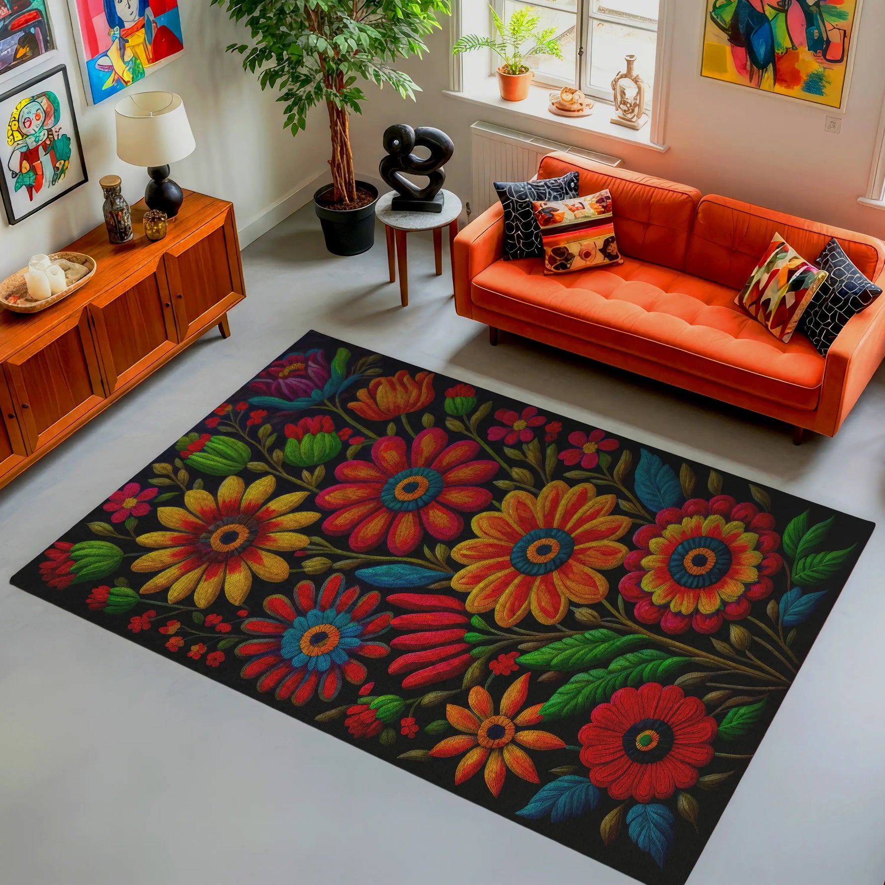 Living room with a colorful floral rug, orange sofa, and decorative items.