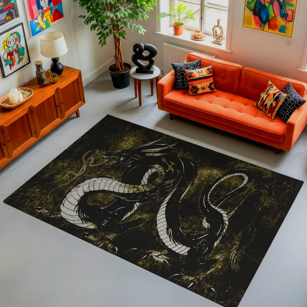 Living room with an orange sofa, decorative rug featuring a dragon design, and various decor items.