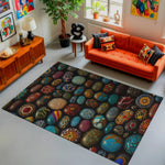Living room with an orange sofa, colorful rug, and decorative items.