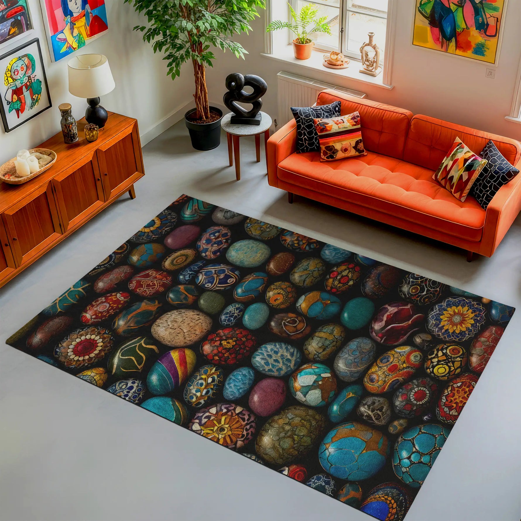 Living room with an orange sofa, colorful rug, and decorative items.