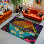 Living room with a colorful rug featuring a landscape design, orange sofa, and wooden sideboard.
