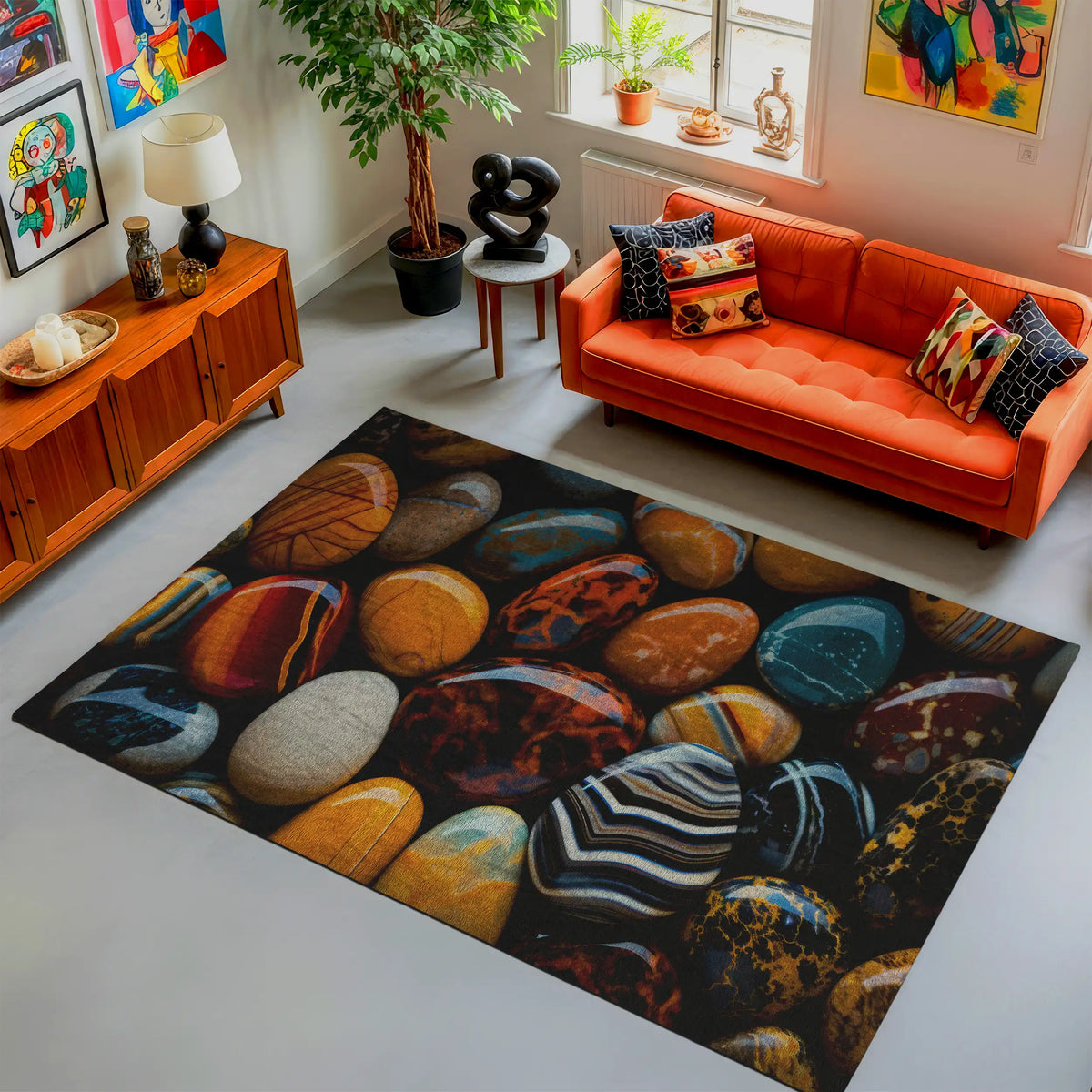 Living room with an orange sofa, colorful rug, and decorative items.