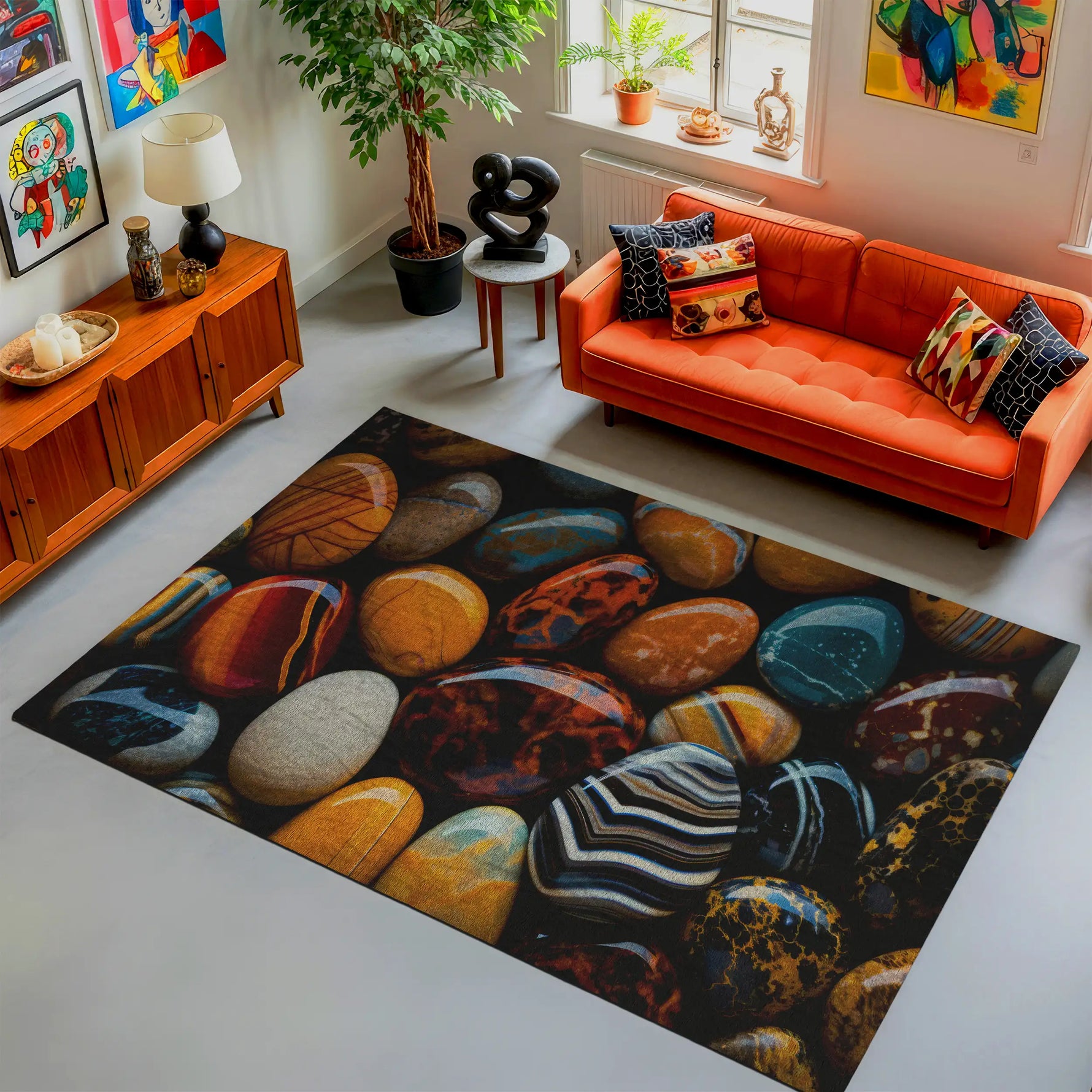 Living room with an orange sofa, colorful rug, and decorative items.