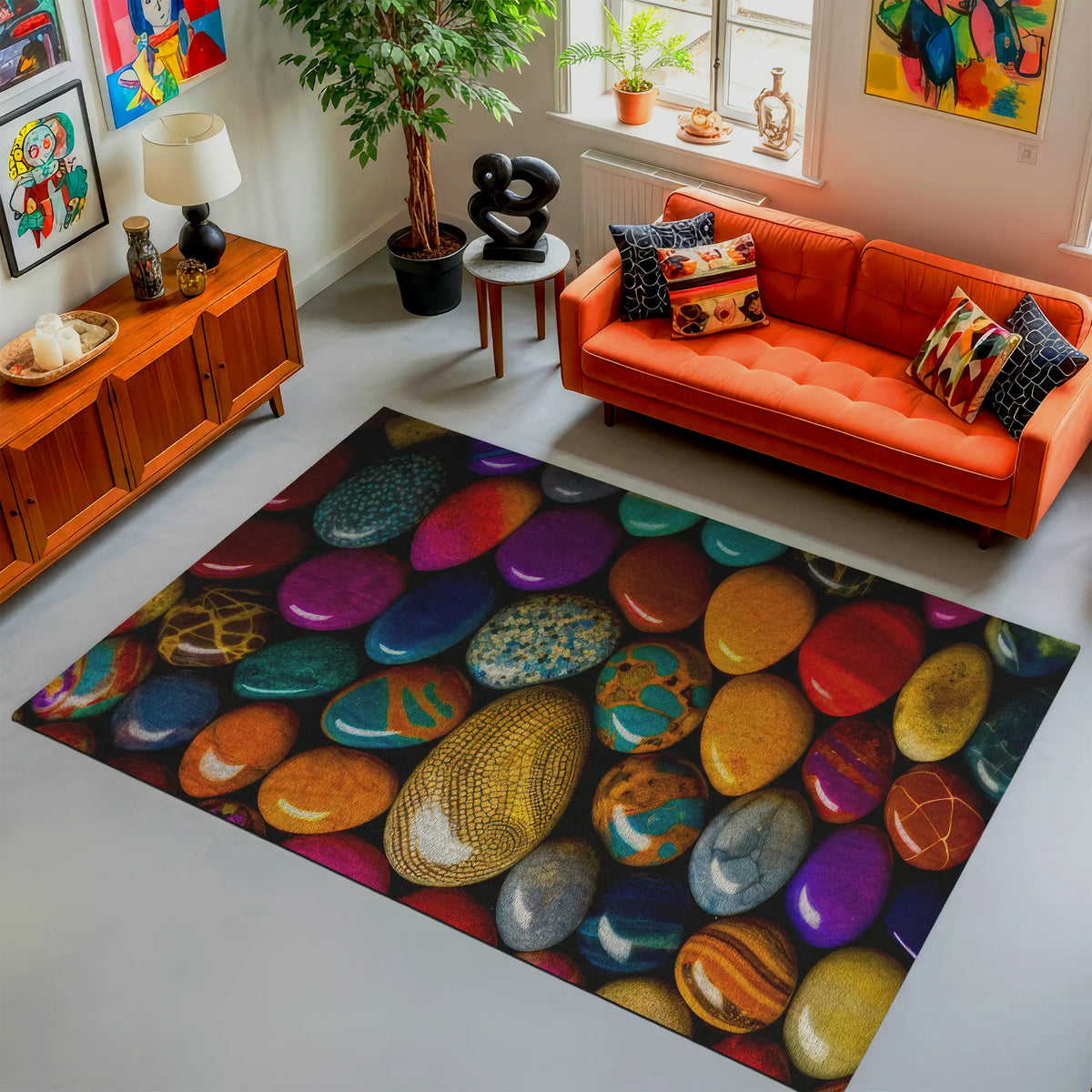 Living room with an orange sofa, colorful rug, and decorative items.