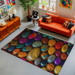 Living room with an orange sofa, colorful rug, and decorative items.