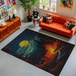 Living room with an orange sofa, colorful rug, and decorative items.