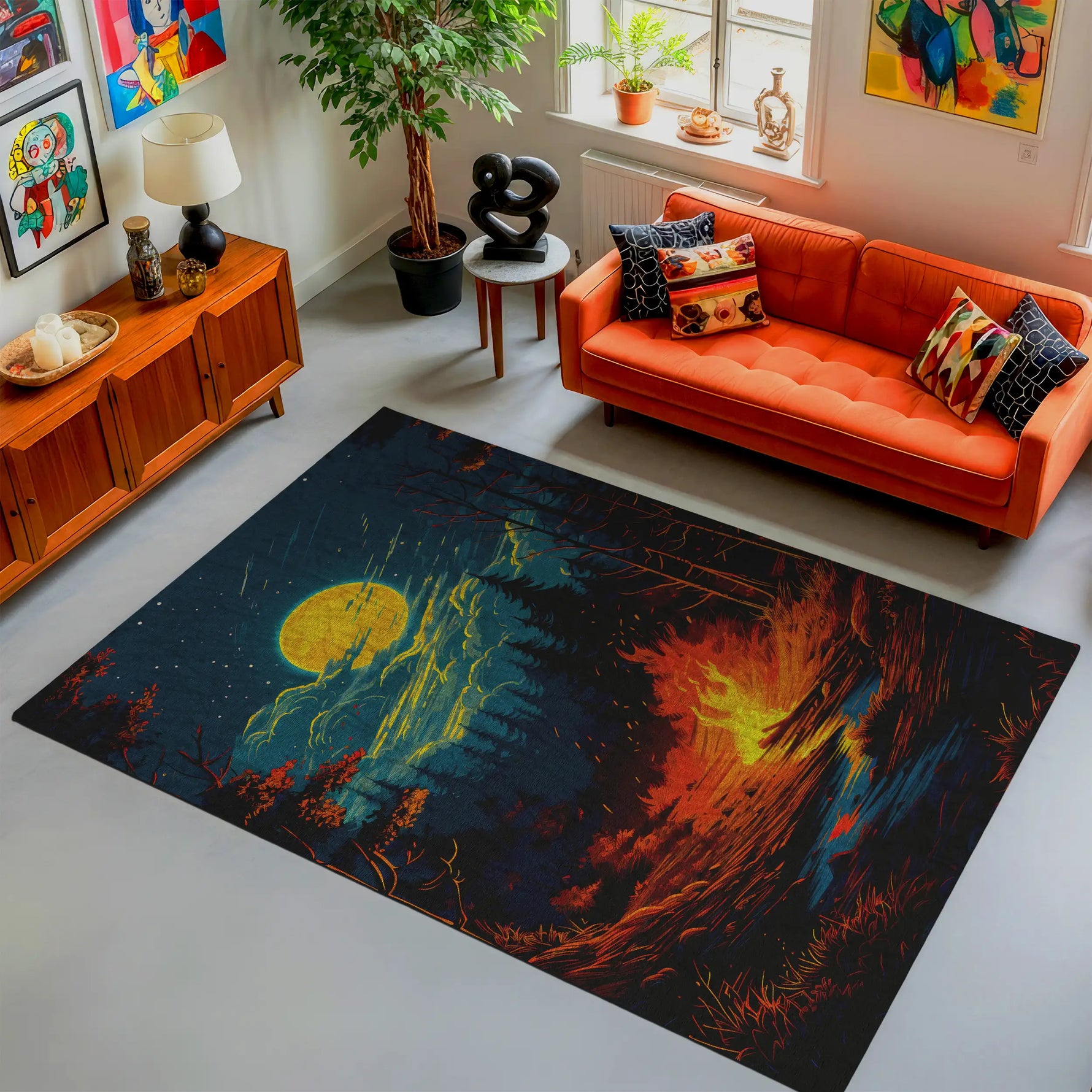 Living room with an orange sofa, colorful rug, and decorative items.