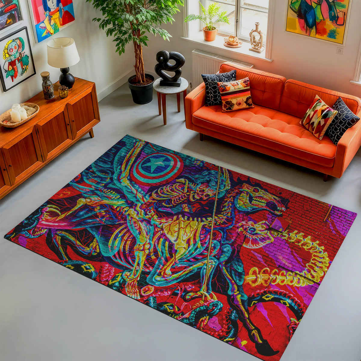 Living room with a colorful rug featuring a dragon design, orange sofa, and wooden sideboard.

