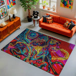 Living room with a colorful rug featuring a dragon design, orange sofa, and wooden sideboard.


