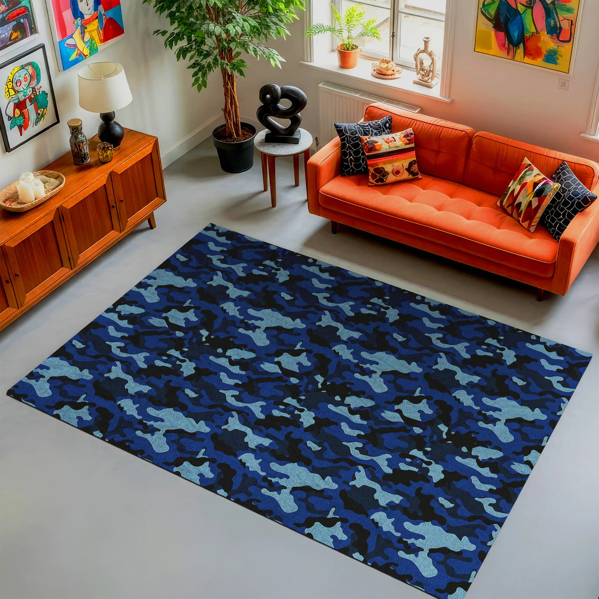 Blue camouflage rug with navy and black camo pattern