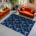 Blue camouflage rug with navy and black camo pattern