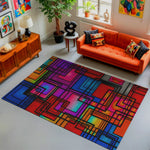 Living room with a colorful geometric rug, orange sofa, and decorative items.

