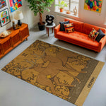 Living room with orange sofa, decorative rug featuring Gemini zodiac sign, and colorful artwork on walls.