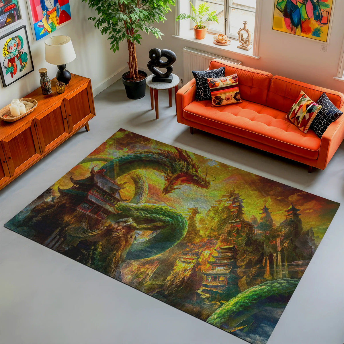 Living room with an orange sofa, decorative rug featuring a dragon design, and various decor items.