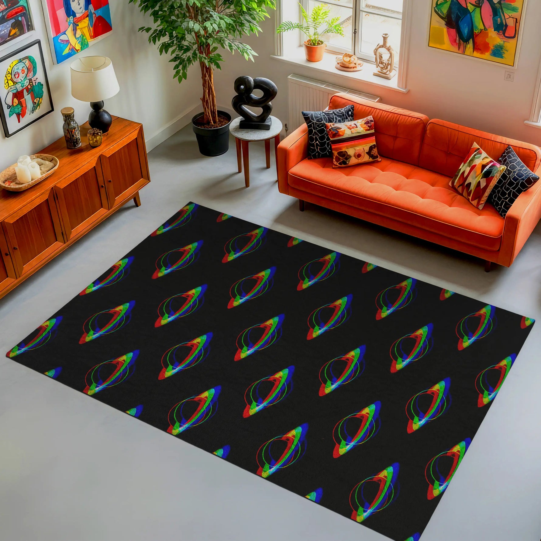 Living room with an orange sofa, colorful rug, and decorative items.