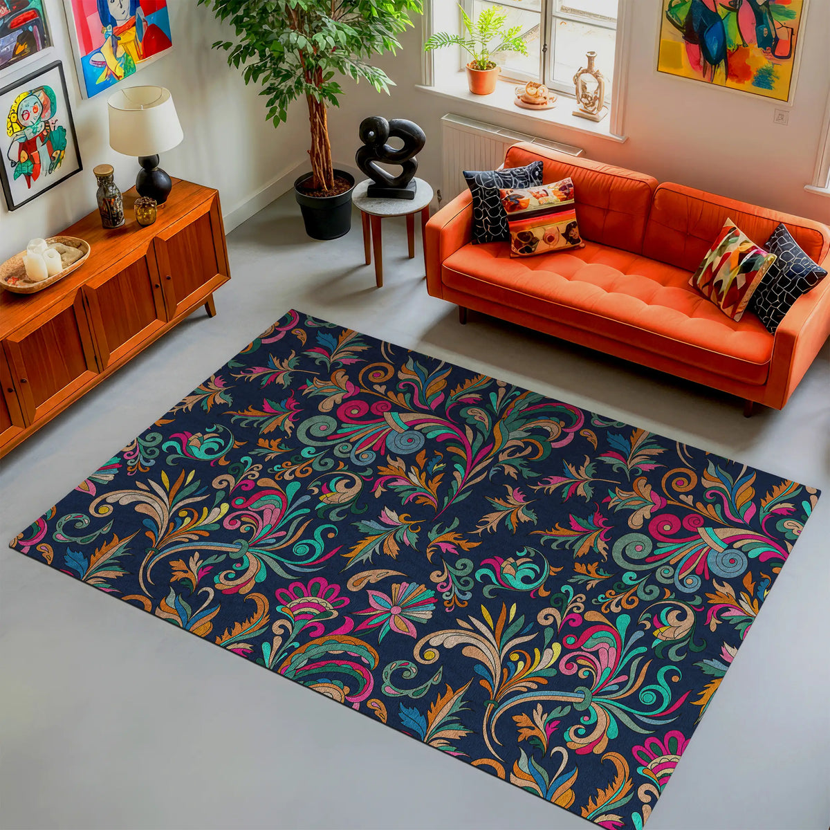 Living room with a colorful patterned rug, orange sofa, and decorative items.