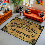 Living room with an Ouija board rug, orange sofa, and decorative items.