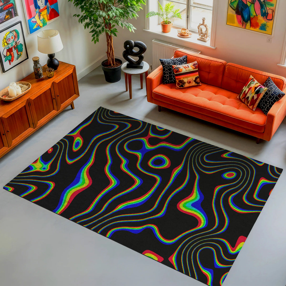 Psychedelic glitch rug with rainbow wavy lines on black background