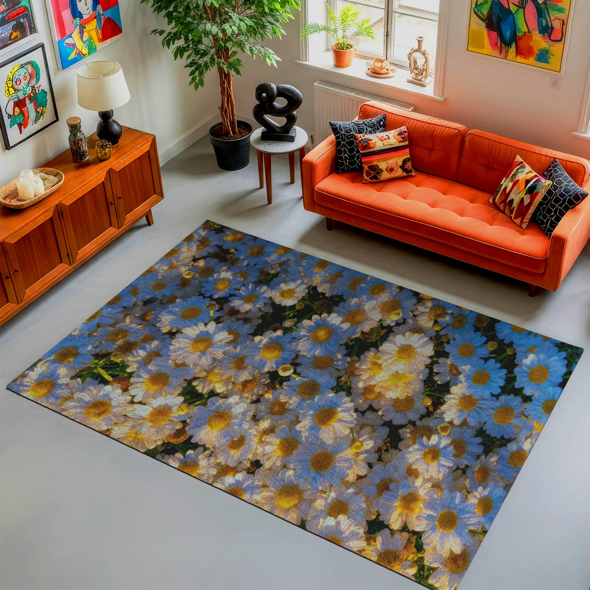 Living room with a floral rug, orange sofa, and decorative items.
