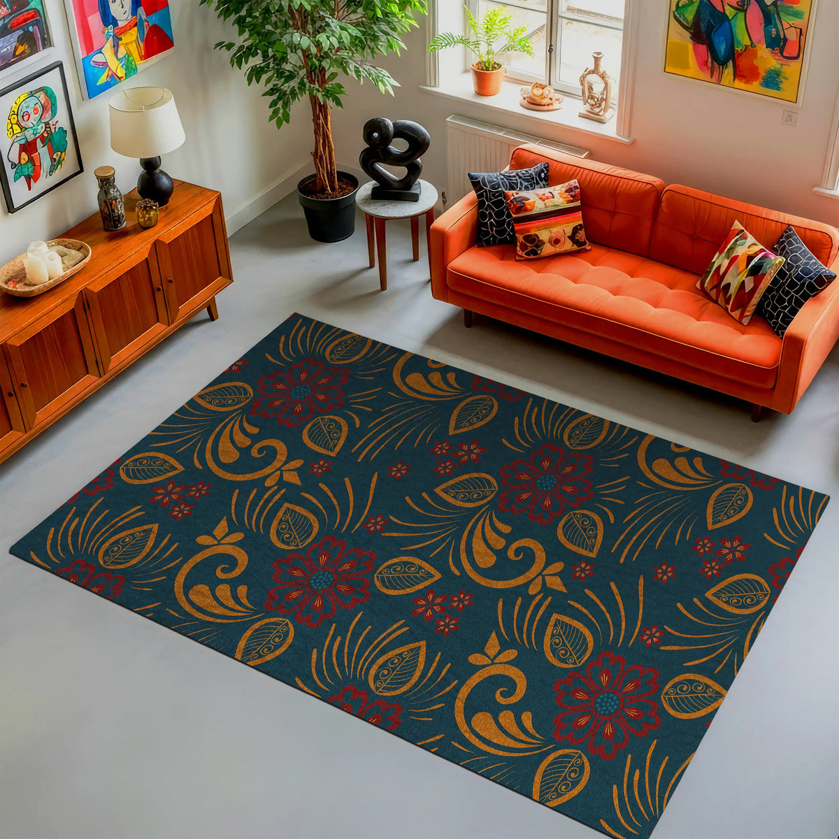 Living room with an orange sofa, decorative rug, and colorful artwork.