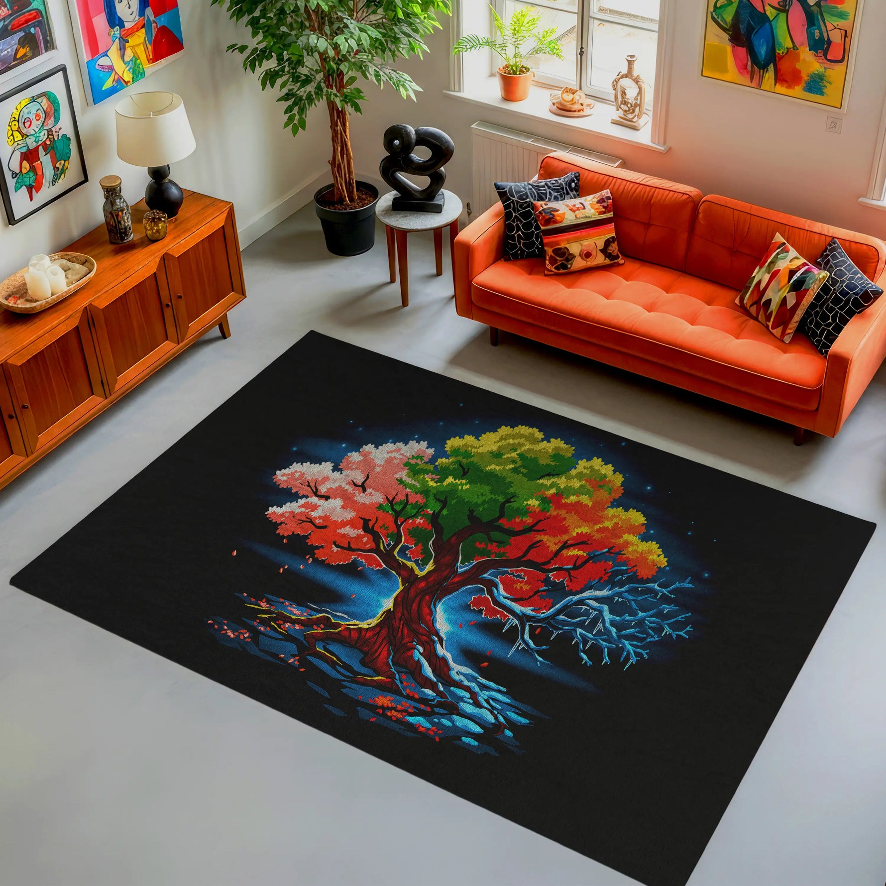 Living room with a colorful tree rug on the floor