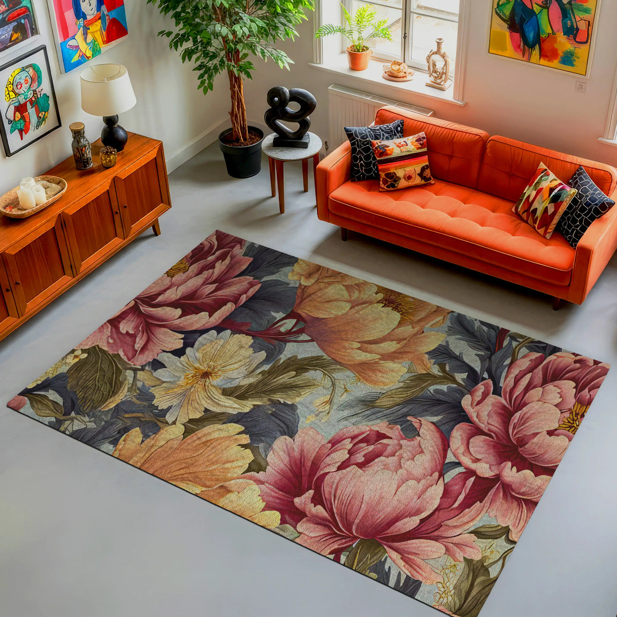 Living room with an orange sofa, floral rug, and decorative items.