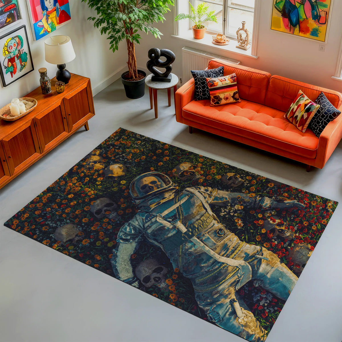 Living room with an orange sofa, decorative rug featuring an astronaut, and various decor items.