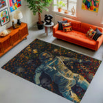 Living room with an orange sofa, decorative rug featuring an astronaut, and various decor items.