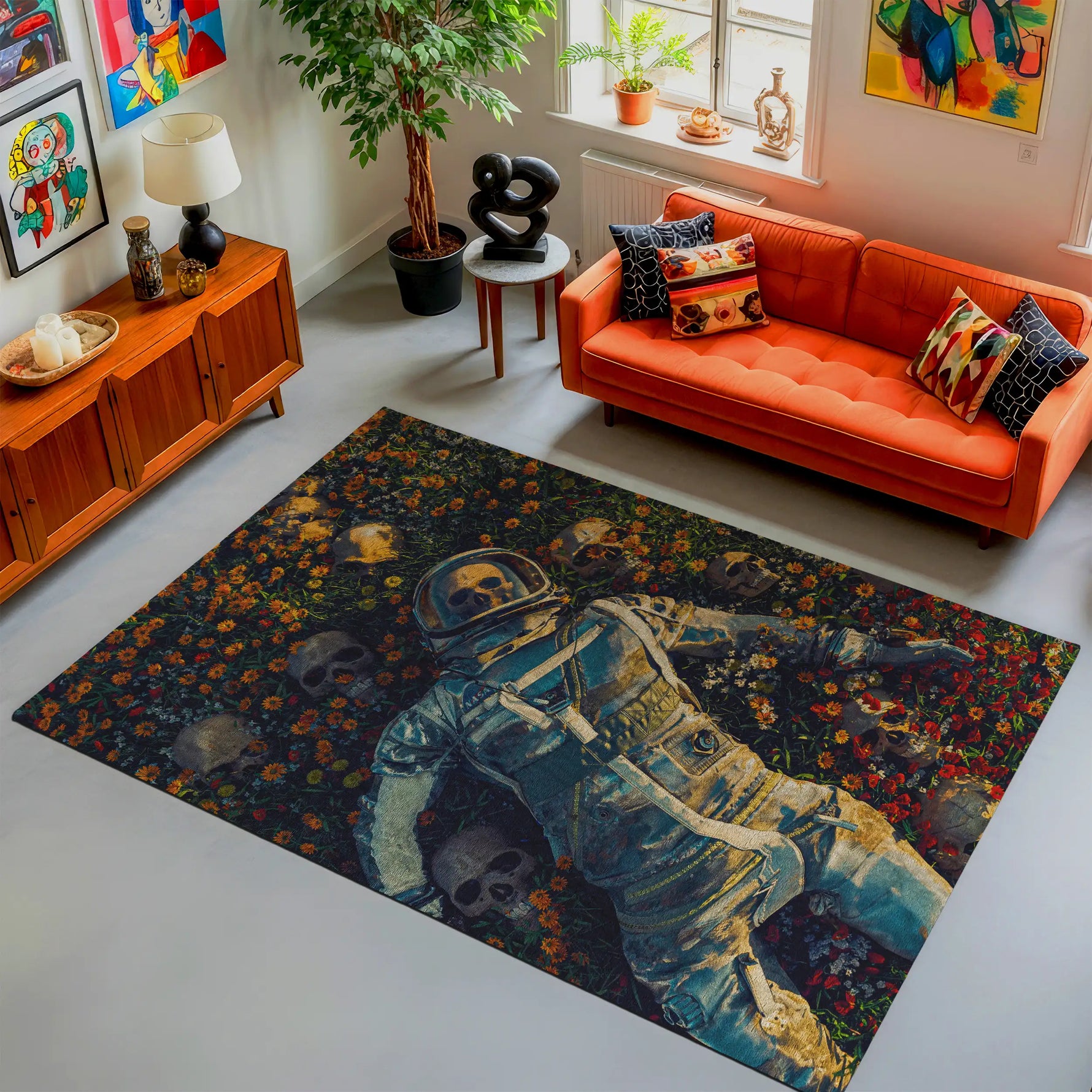 Living room with an orange sofa, decorative rug featuring an astronaut, and various decor items.