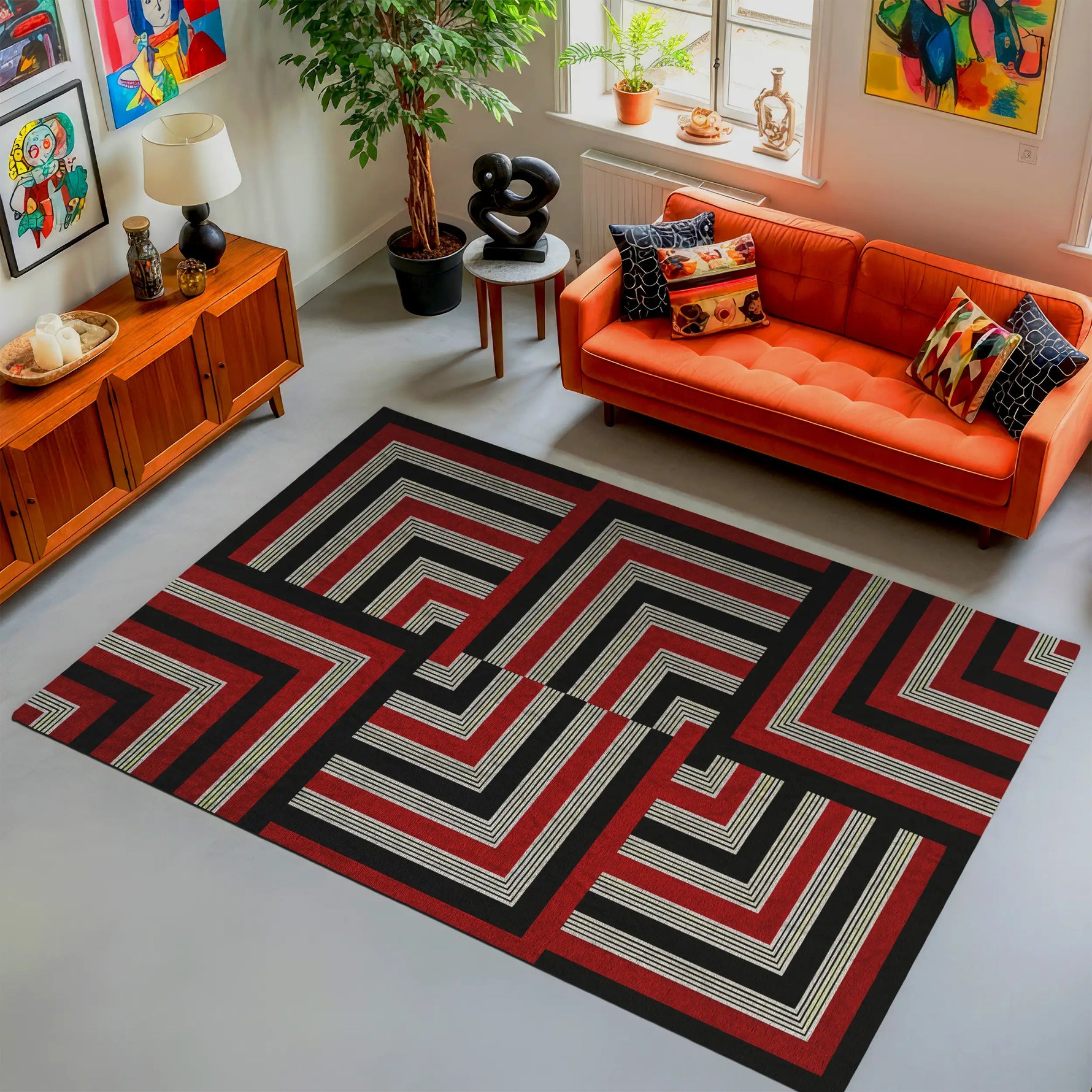 Living room with a red and black geometric rug, orange sofa, and decorative items.

