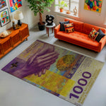 Living room with an orange sofa, colorful rug, and decorative items.

