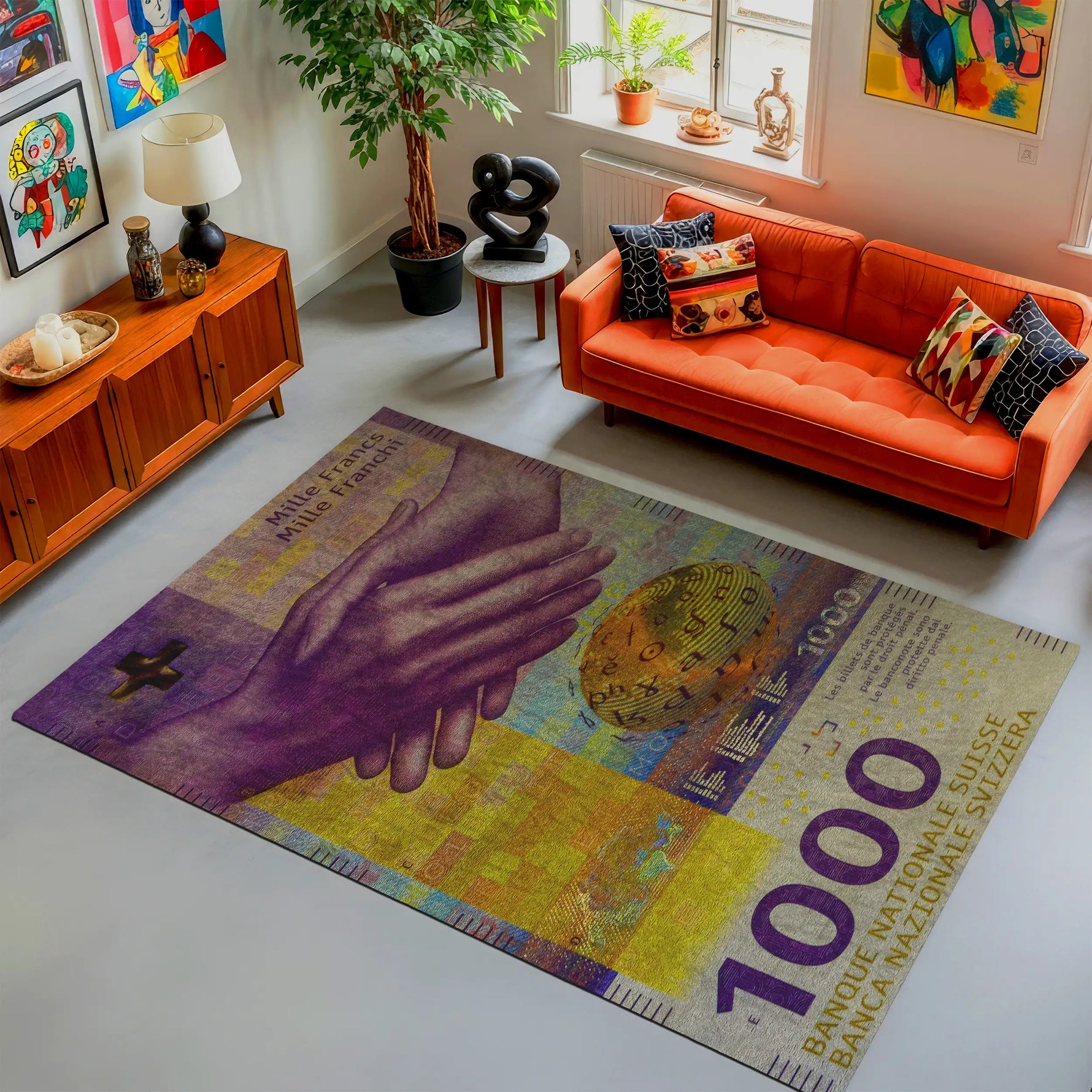 Living room with an orange sofa, colorful rug, and decorative items.

