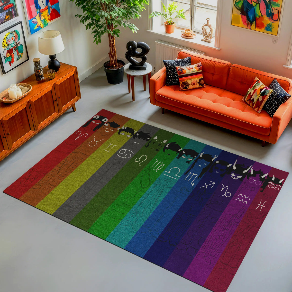 Rainbow zodiac rug with colorful astrology sign illustrations for modern home decor