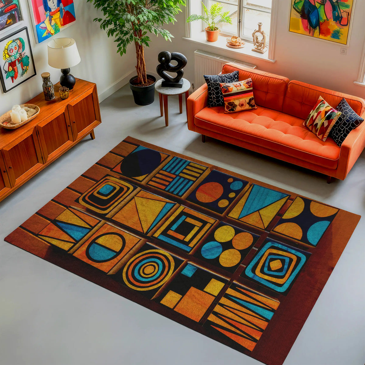 Living room with a colorful geometric rug, orange sofa, and decorative items.

