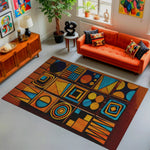 Living room with a colorful geometric rug, orange sofa, and decorative items.

