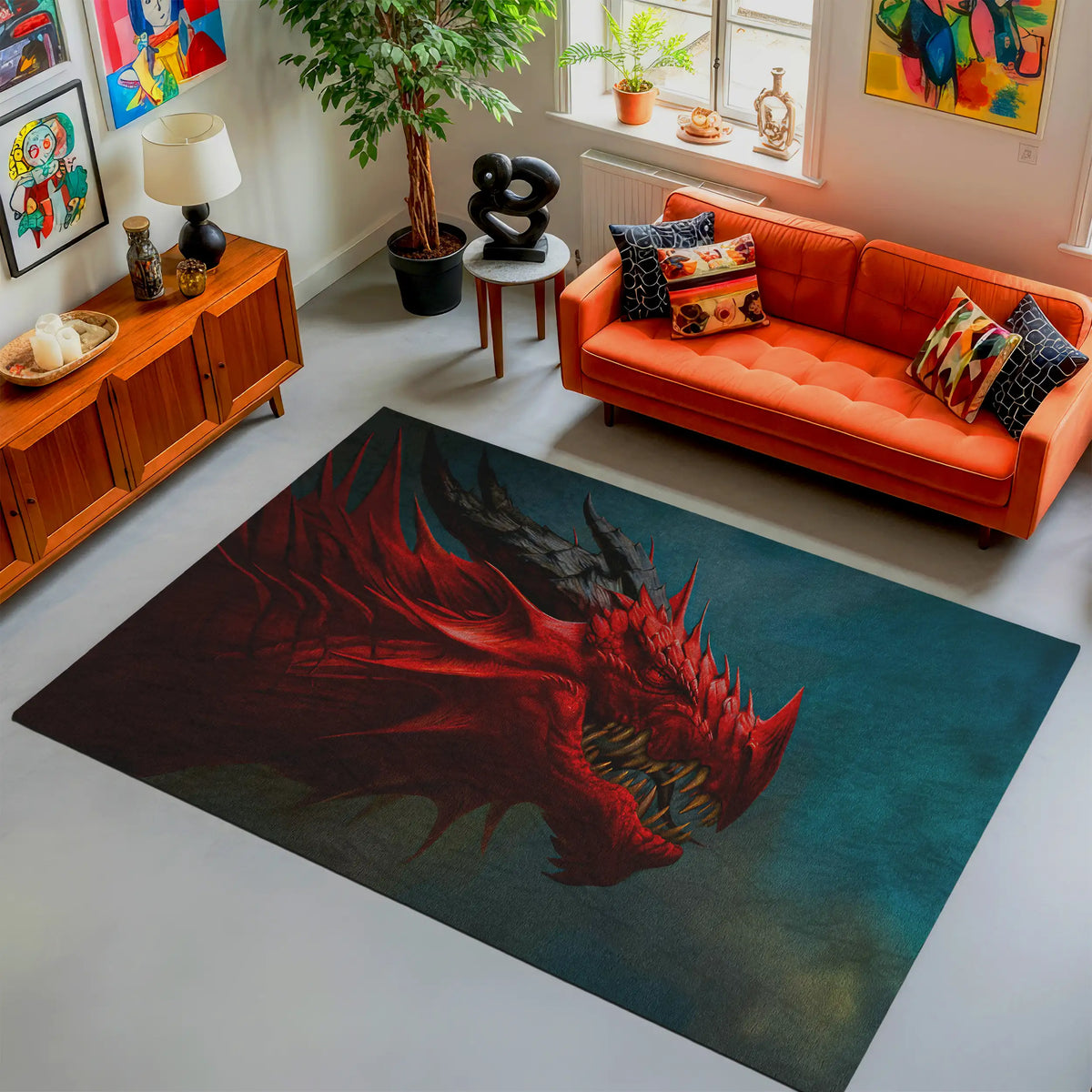 Living room with a red dragon rug, orange sofa, and decorative items.