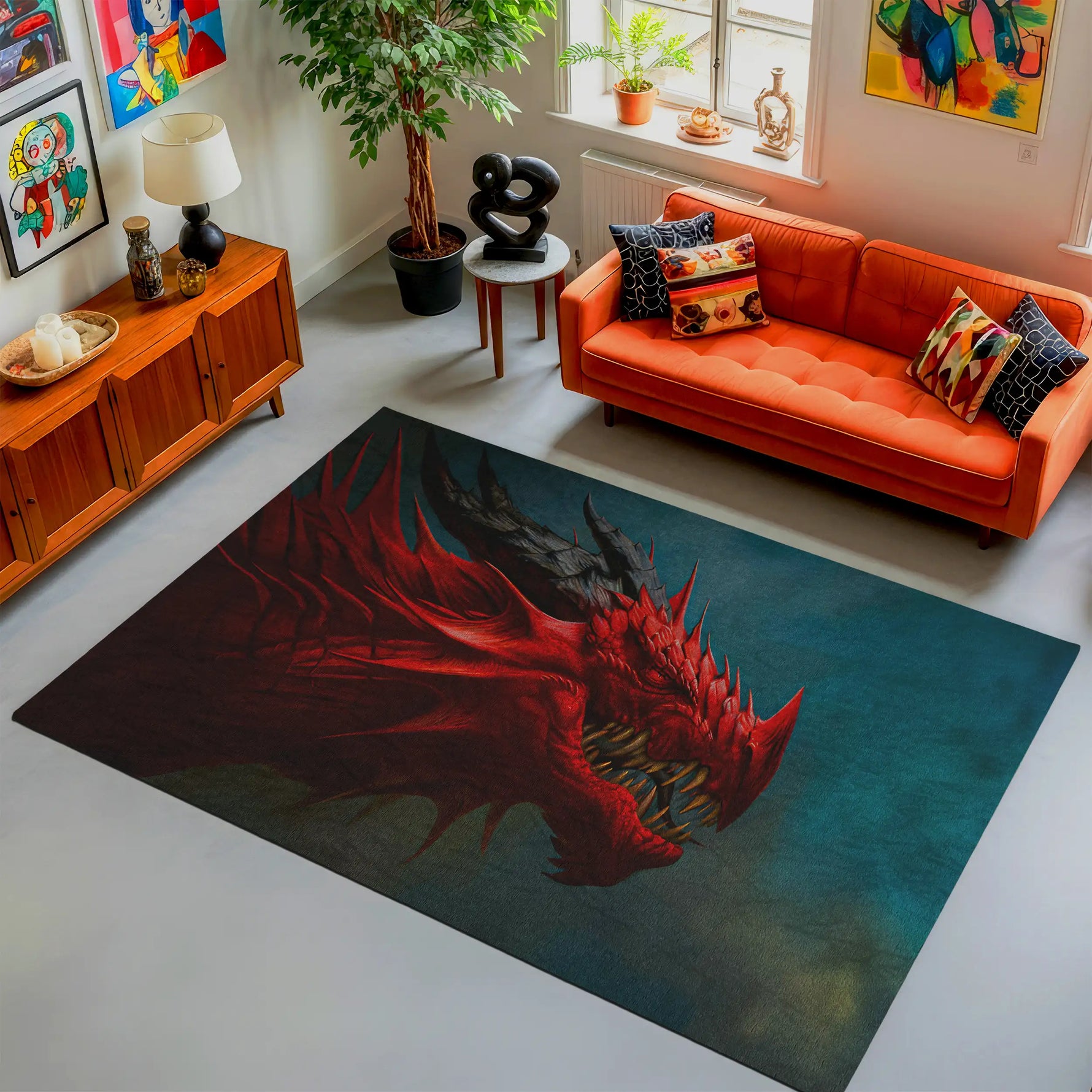 Living room with a red dragon rug, orange sofa, and decorative items.