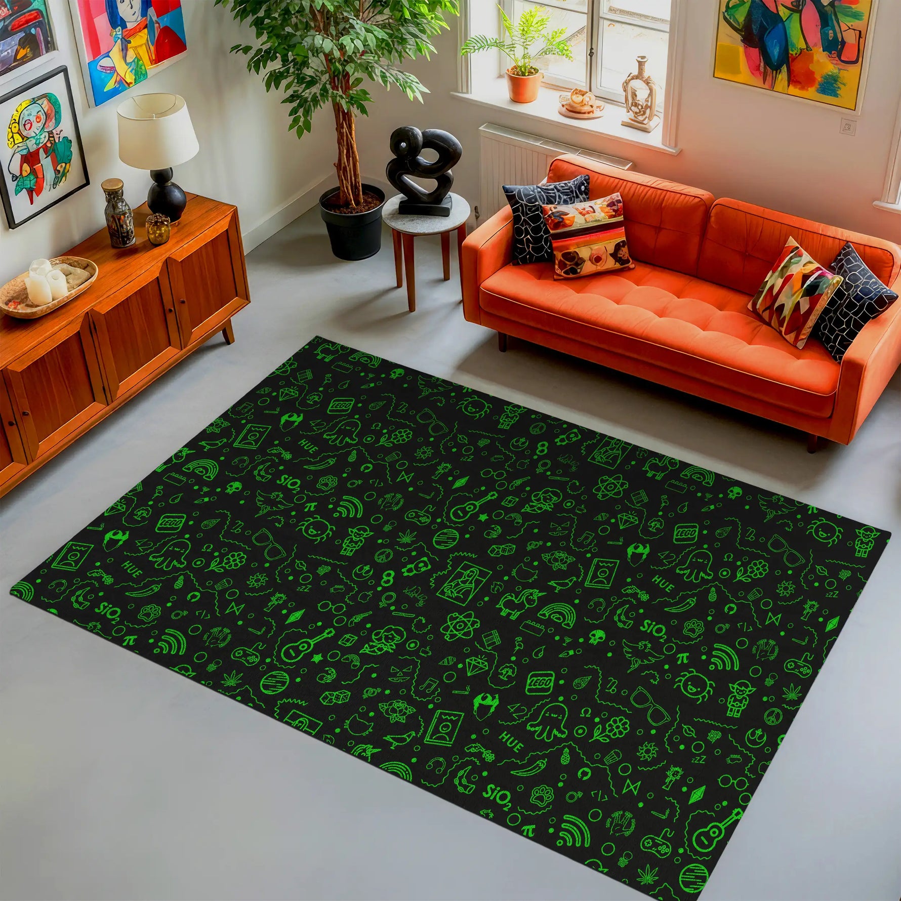 Living room with a green patterned rug, orange sofa, and decorative items.