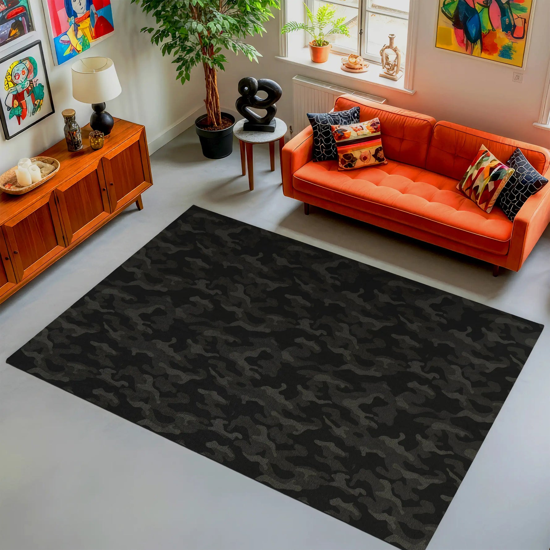 Black camo pattern rug with dark modern design