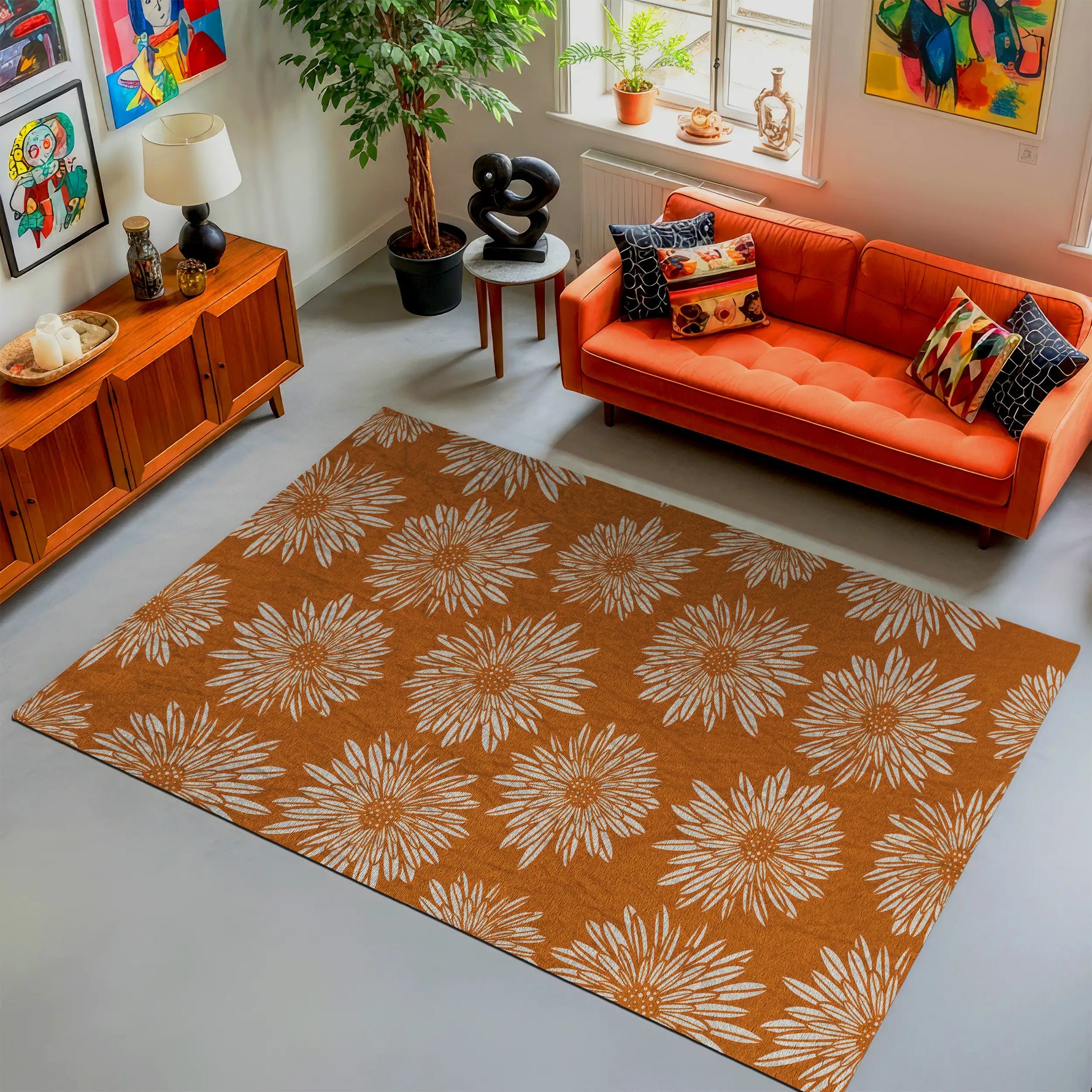 Living room with an orange sofa, patterned rug, and decorative items.