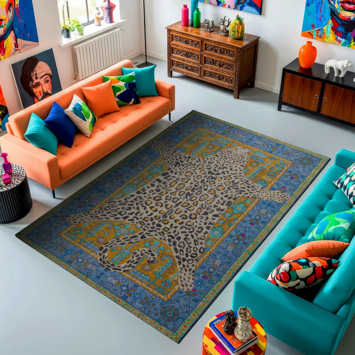 Living room with colorful furniture and a patterned rug