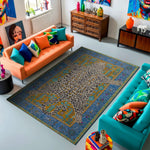 Living room with colorful furniture and a patterned rug