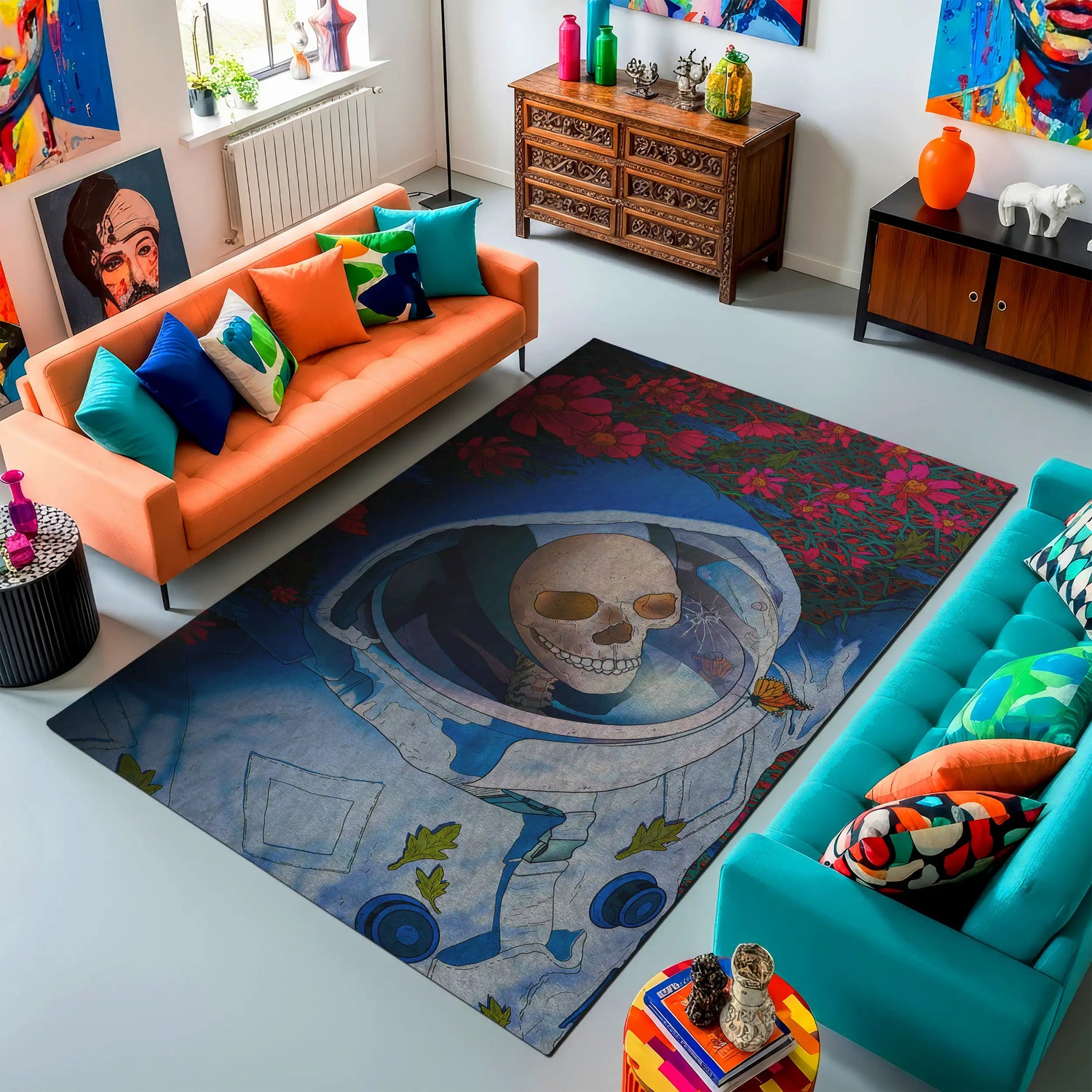 Colorful living room with an astronaut-themed rug, orange and blue sofas, and decorative items.