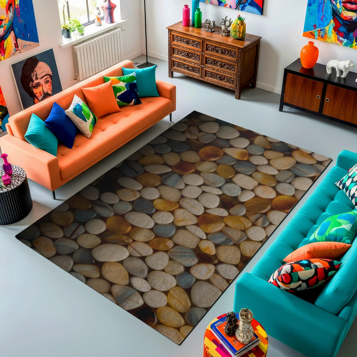 Modern living room with colorful furniture and a patterned rug.