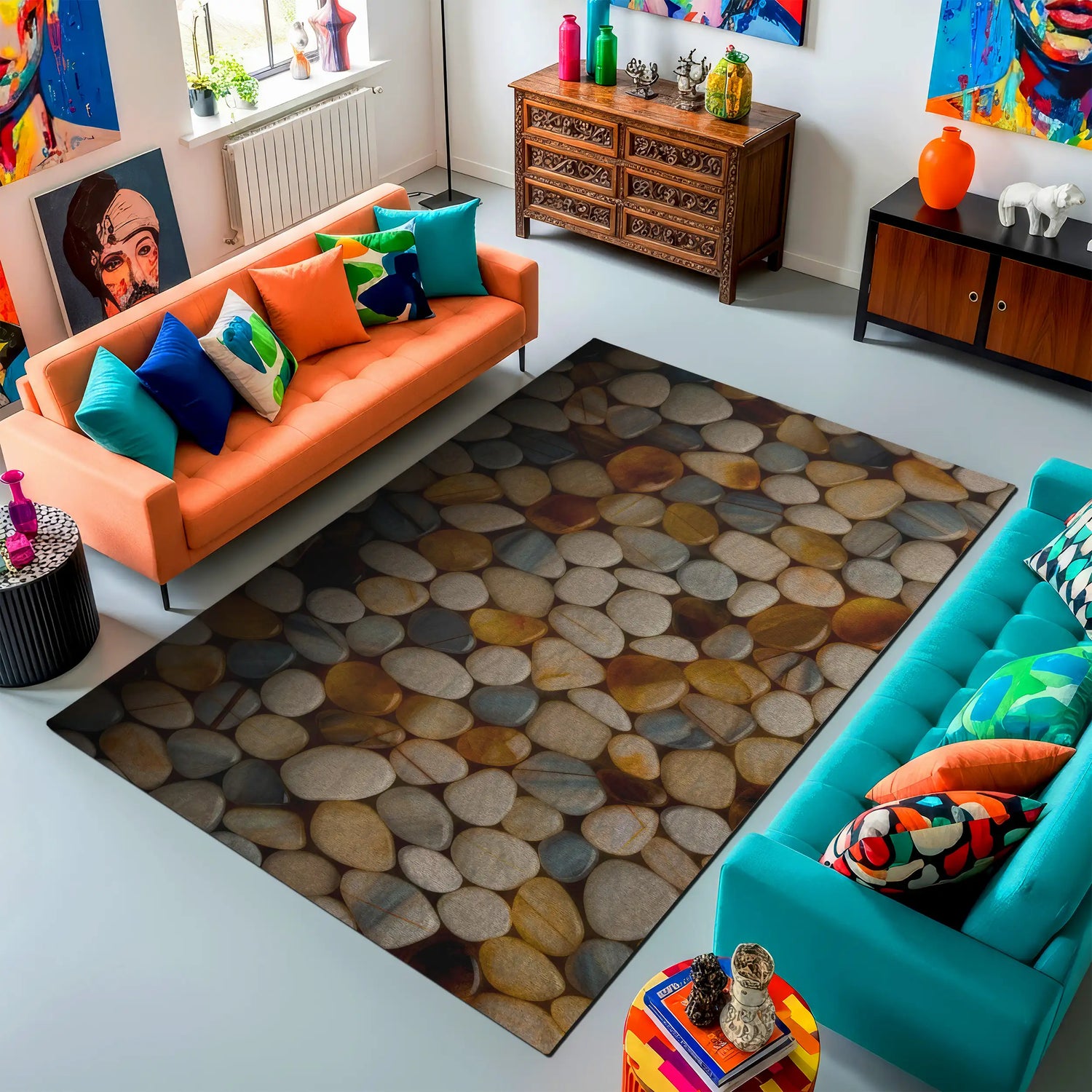 Modern living room with colorful furniture and a patterned rug.
