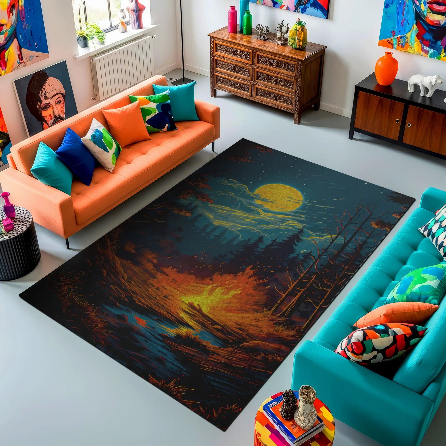 Living room with colorful furniture and a decorative rug.