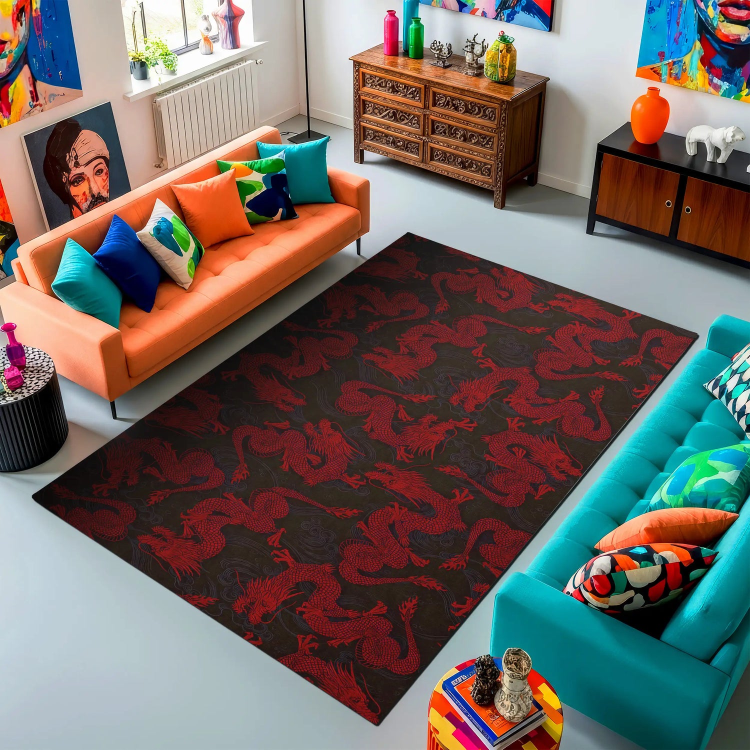 Red Dragon Pattern Rug – Asian Aesthetic Mythical Design Carpet