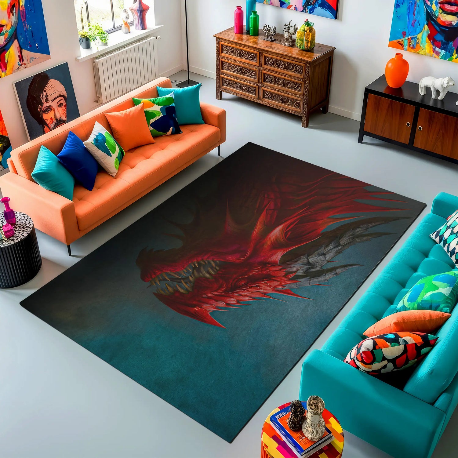 Living room with a dragon rug, colorful couches, and decorative items.