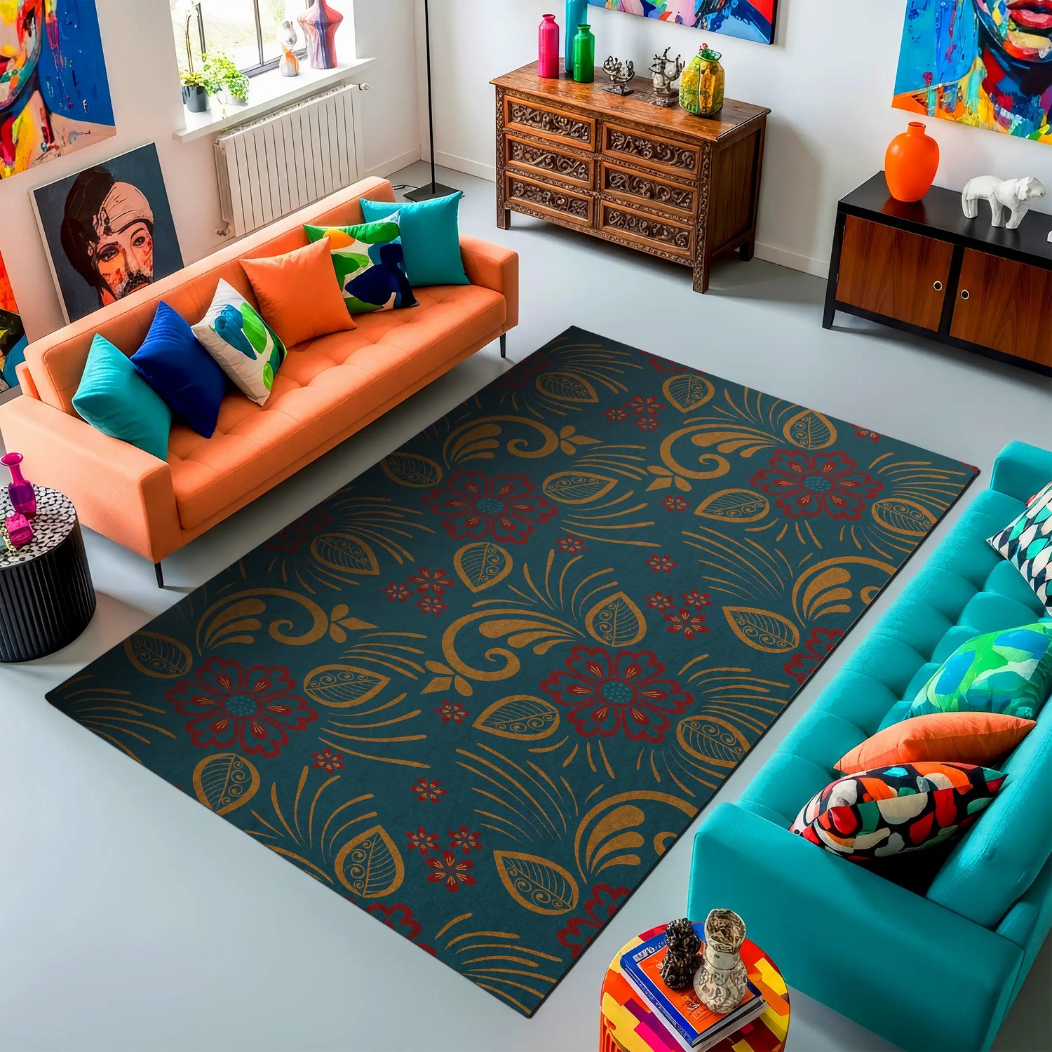 Living room with colorful furniture and a patterned rug